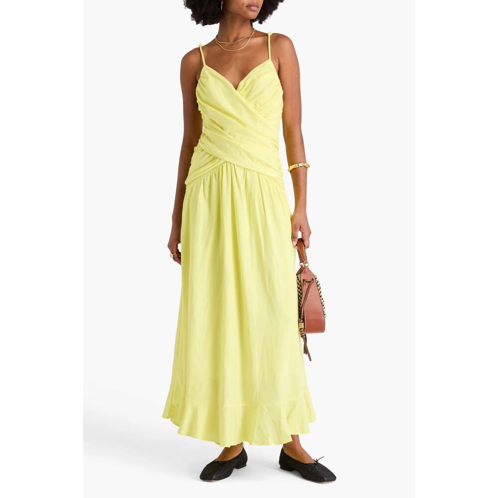 FARM Rio Yellow Ruched Cross-Over Linen-Blend Maxi Dress - Size L - Picture 2 of 13